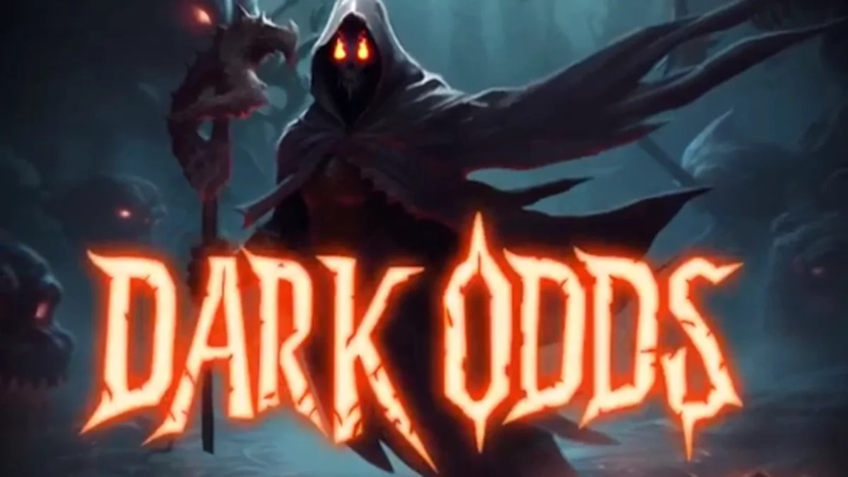 Captura de tela do jogo Dark Odds, mostrando rolos com símbolos misteriosos e uma atmosfera sombria.