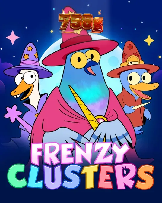 Interface vibrante do slot Frenzy Clusters com personagens e símbolos mágicos